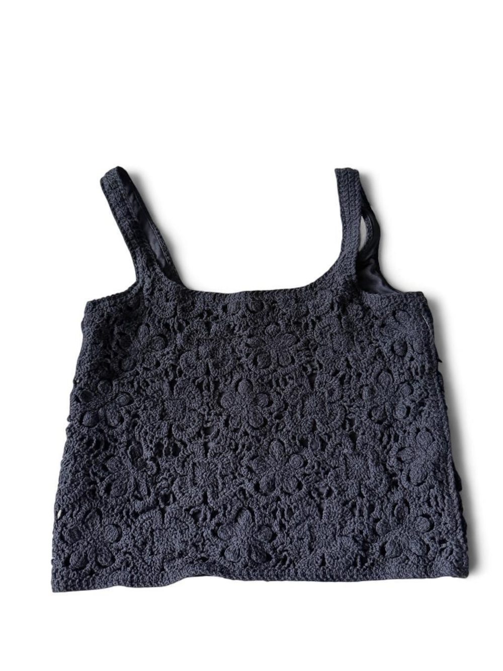 Scoop black lace tank top with floral pattern, size S.
